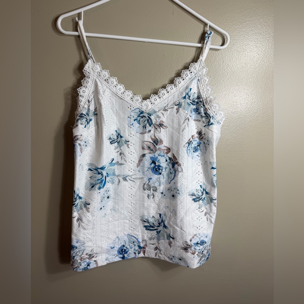 Floral Lace Trim Cami Tank Top White Blue Cottagecore Eyelet Boho Medium NWT